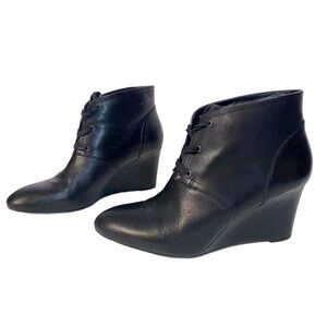 Lauren by Ralph Lauren Tamia Black Leather Lace Up Ankle Boots Wedge Heel 8B